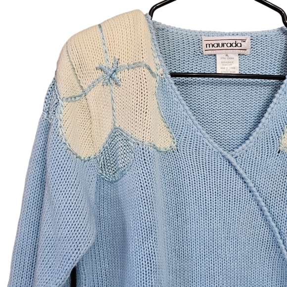 Maurada Vintage Blue White Pastel Flower On Shoulder Sweater With Shoulder Pads - Picture 3 of 8